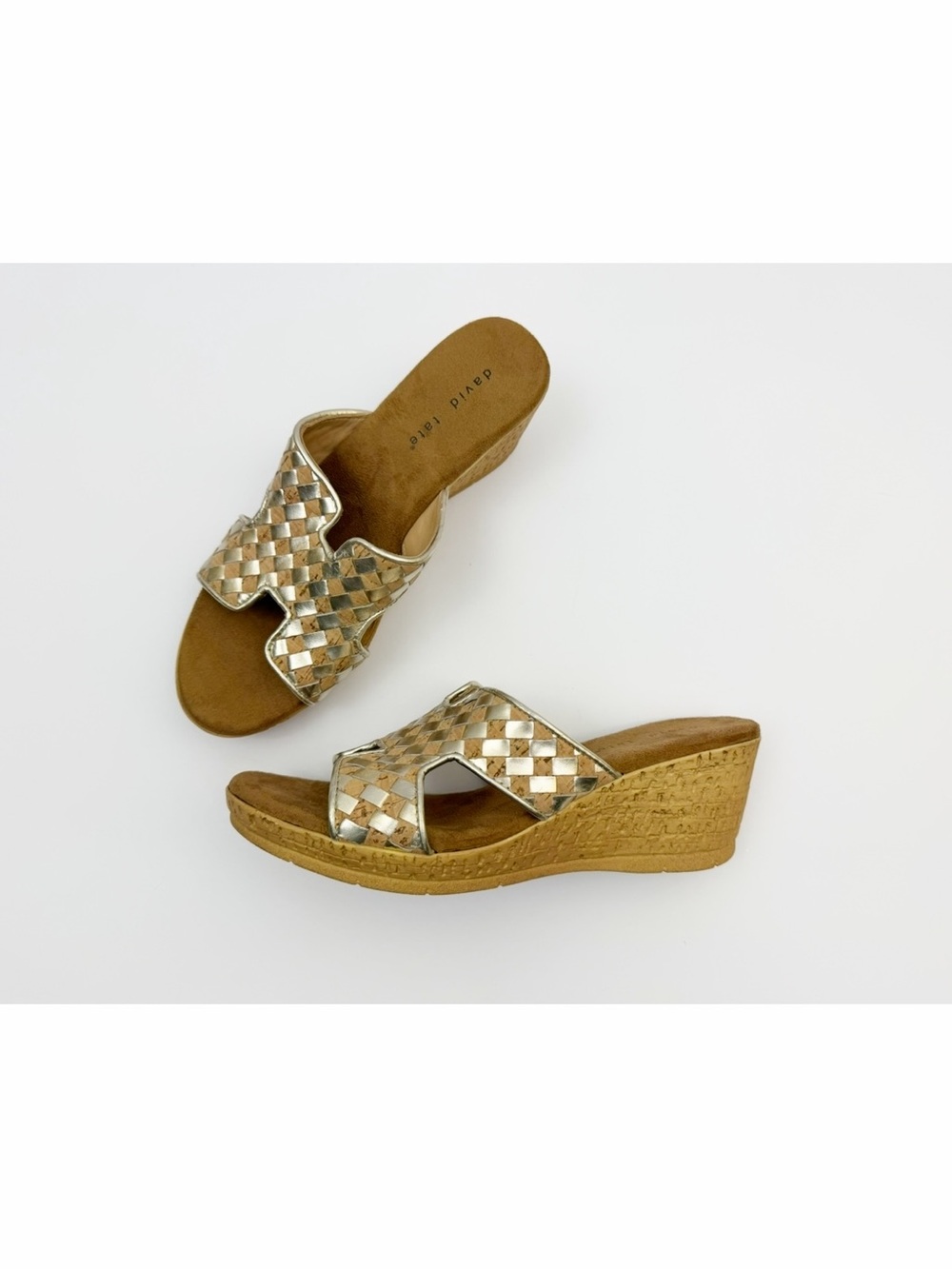 David Tate Moderno Slip On Wedge Sandals Cork Platinum Nappa Size 9